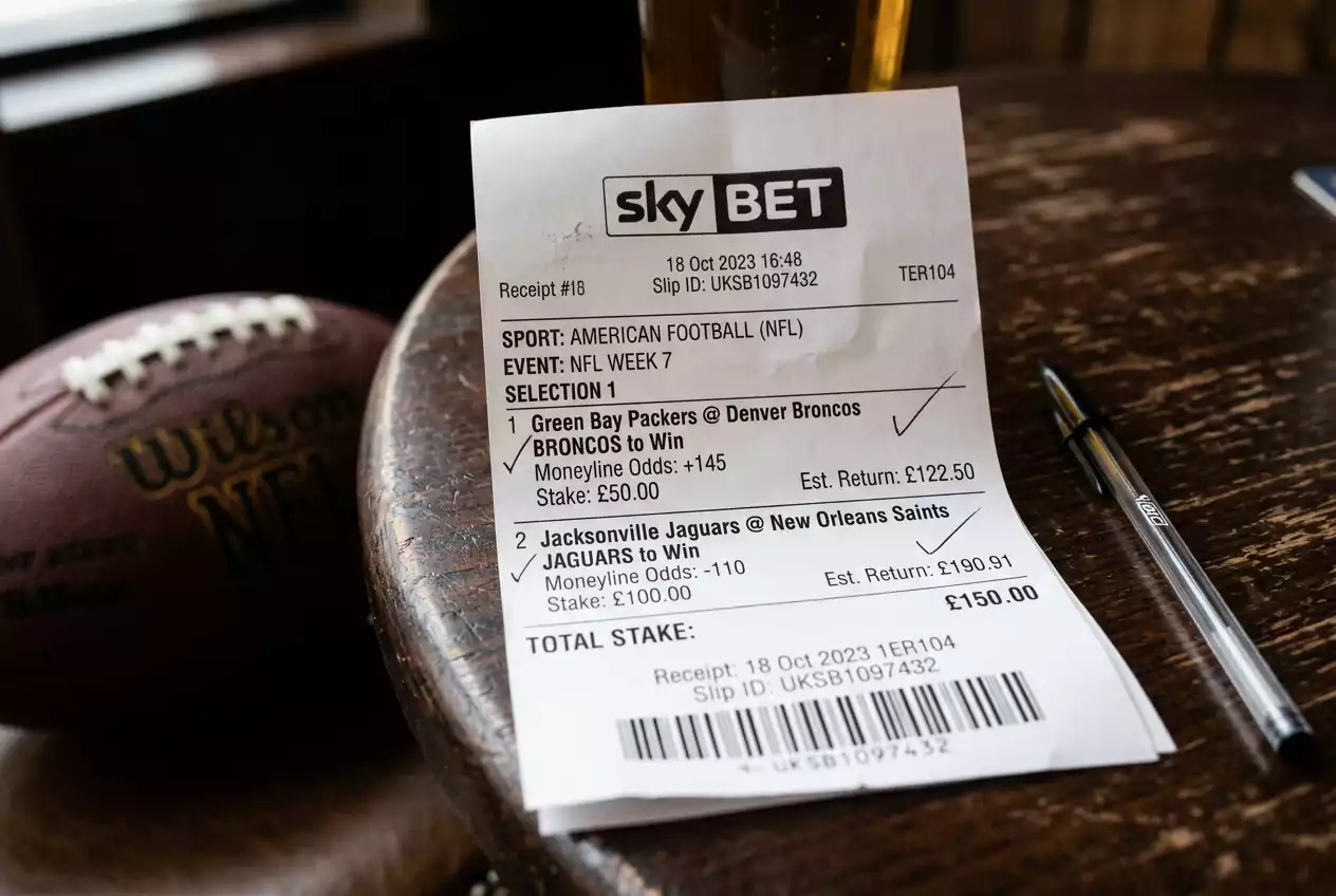 NFL moneyline betting slip showing American odds format for UK punters