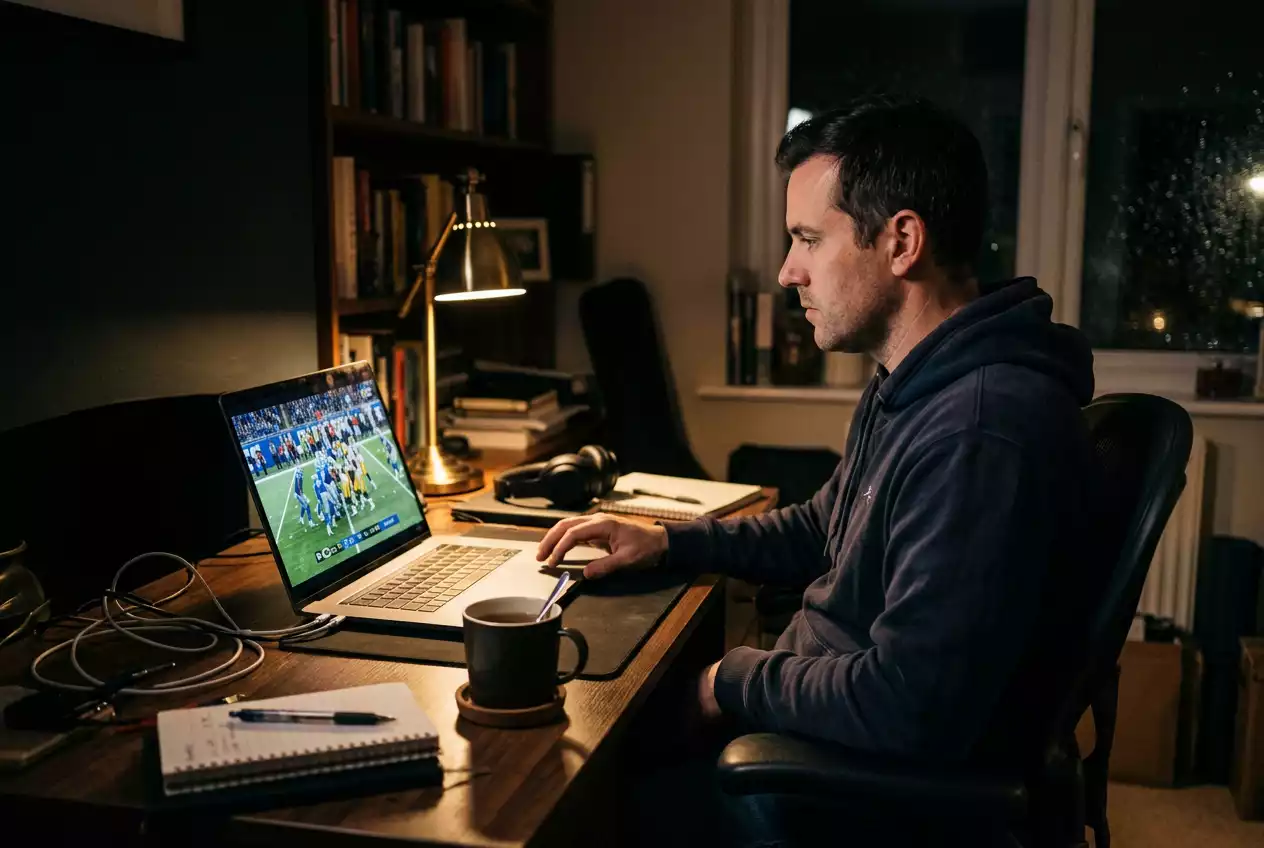 Person checking NFL betting odds on a laptop late at night in the UK